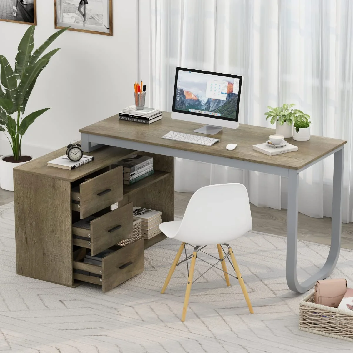 55.1" Large L-Shaped Office Desk with 41.3" File Cabinet  Corner Computer Desk with 3 Drawers