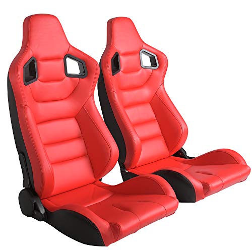 2PCS Racing Seats, Universal PVC Leather Bucket Seats Sport Pair Adjustable Seats with Sliders (Black & Beige/Tan Brown)