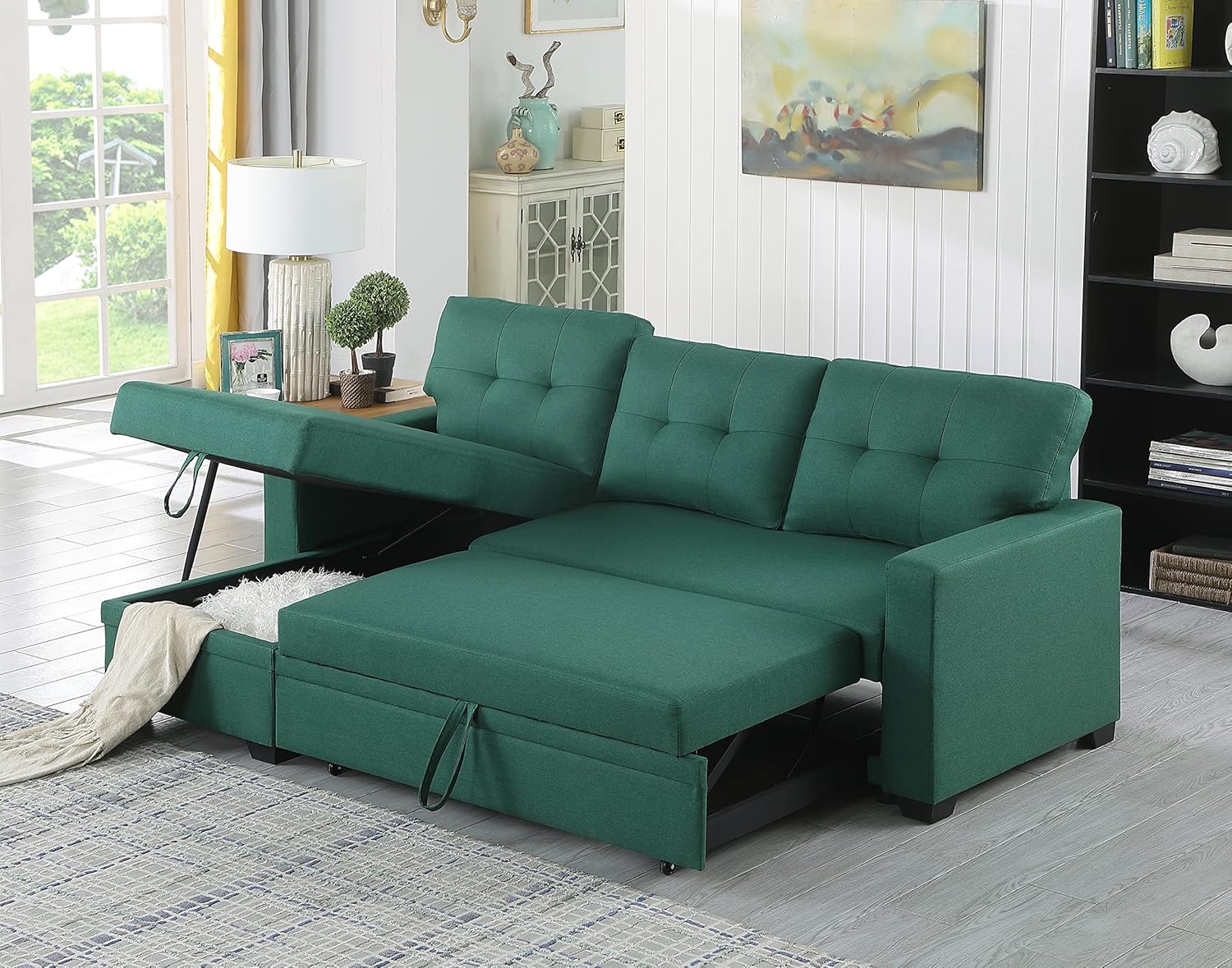 Upholstered Pull out Sectional Sofa with Chaise (Green)