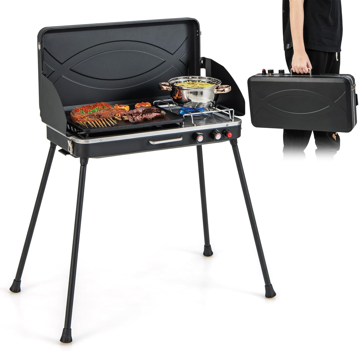 HAPPYGRILL 2-Burner Propane Camping Stove, Portable Gas Grill Cooker with Removable Leg Stand, Roast Grill, Dual Control Knobs, Wind Guards