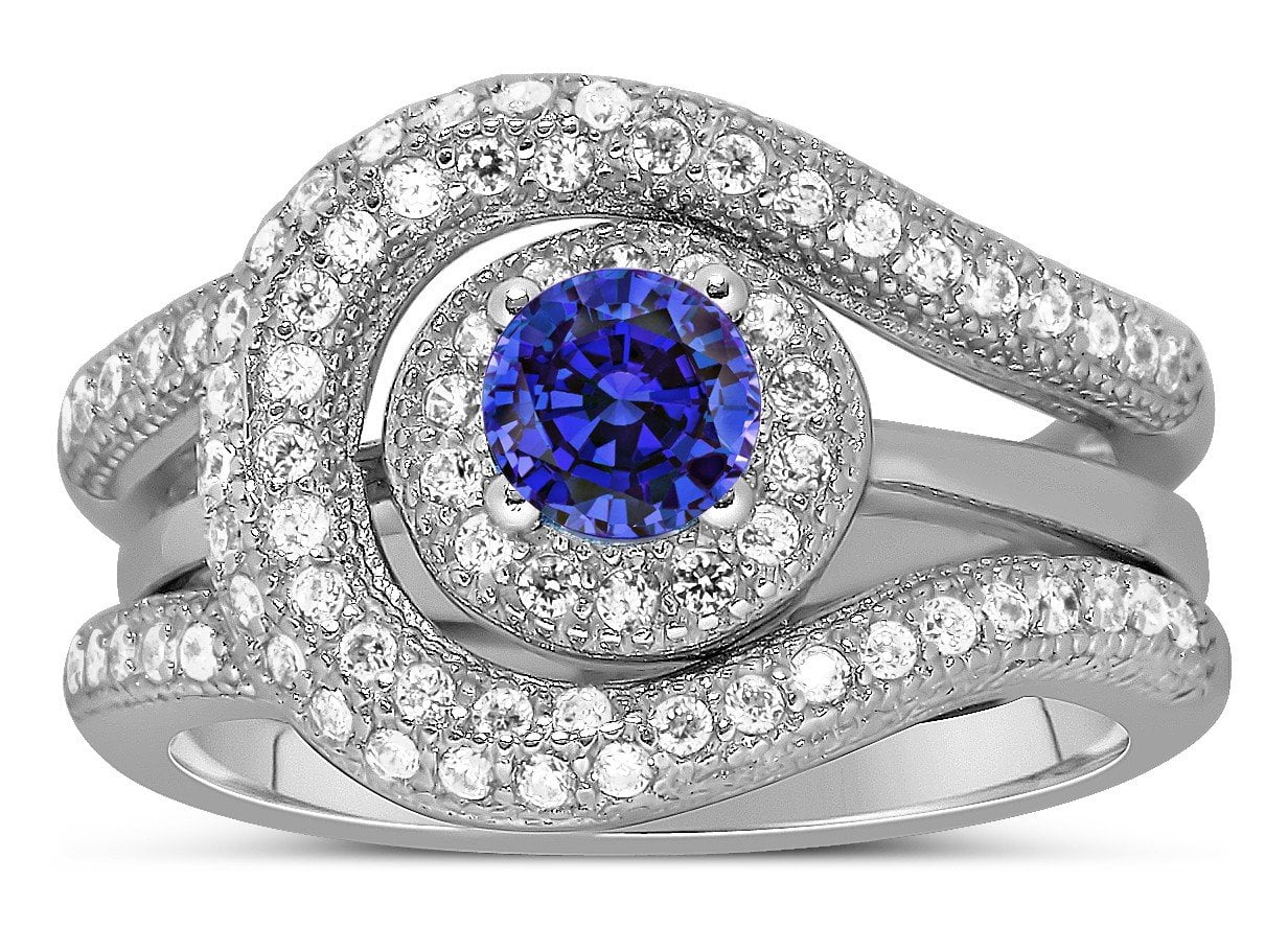 Unique and Luxurious 2.25 Carat Halo Art Deco Designer Round Shape Blue Sapphire Moissanite Diamond Wedding Ring Set in 10k White Gold