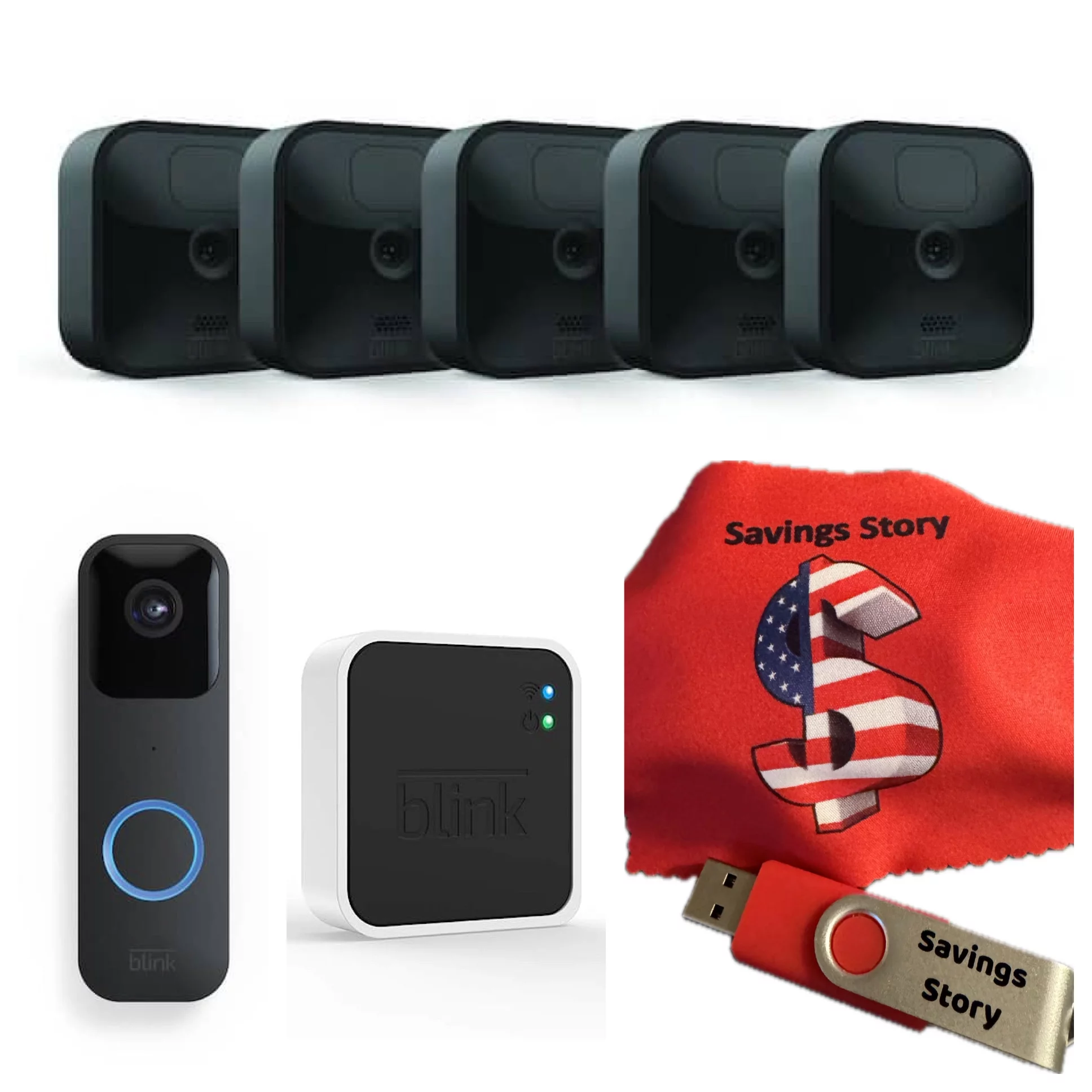 Blink_Outdoor (3rd Gen) 5 HD Camera System + Video Doorbell Bundle with Sync Module 2, Savings Story 64GB USB Drive & Cleaning Cloth, Security, Wifi
