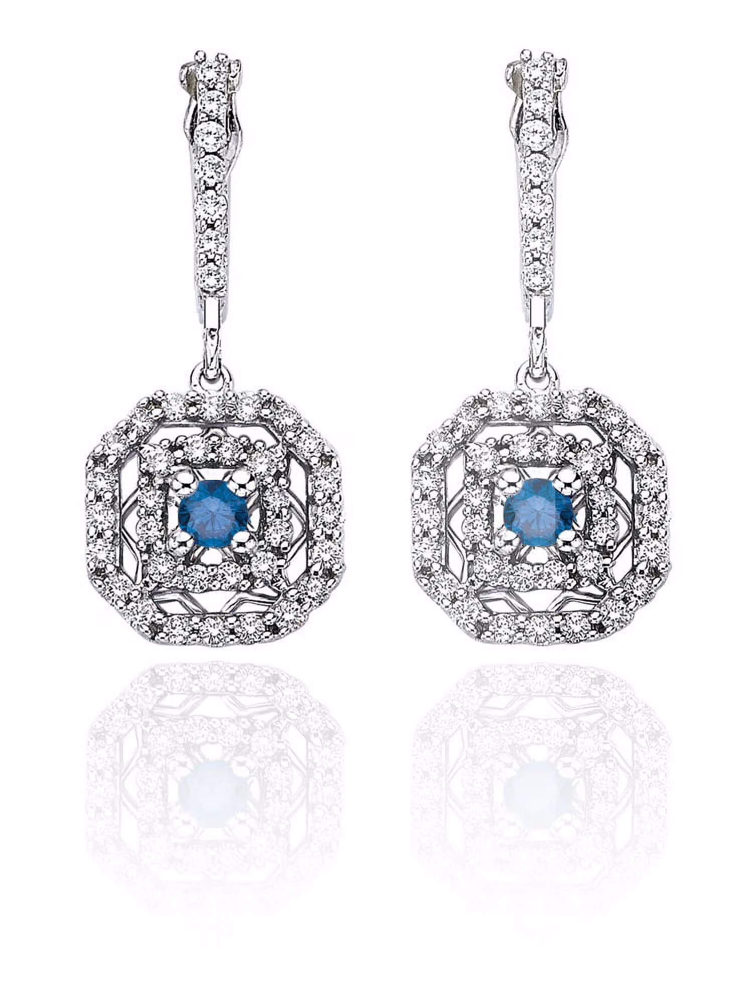 14K White Gold 1/2 ct. Diamond Fashion Earrings with Blue Center Diamond