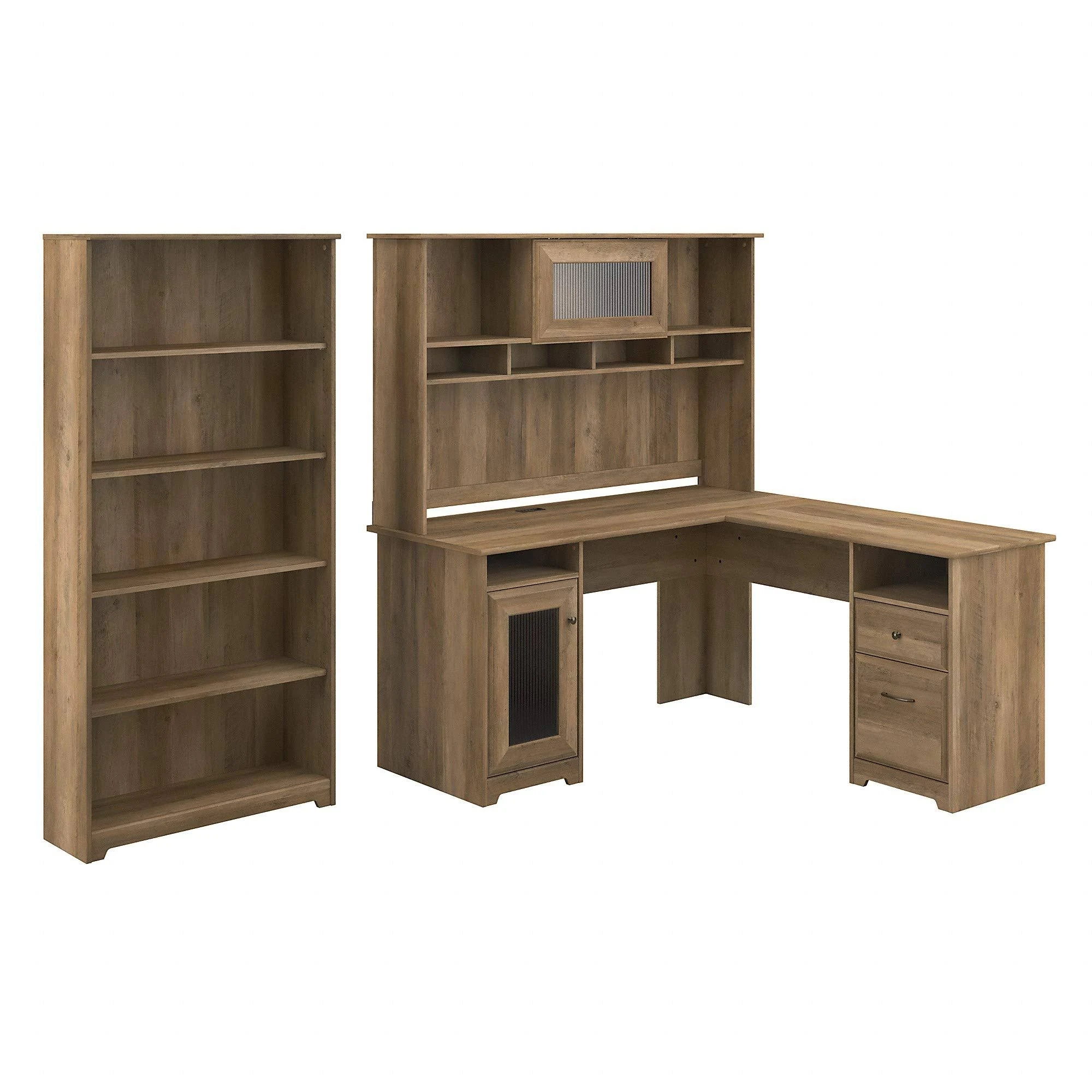 Bush Furniture Cabot Collection - Desk with 5-shelf bookcase - with hutch - L-shaped - reclaimed pine