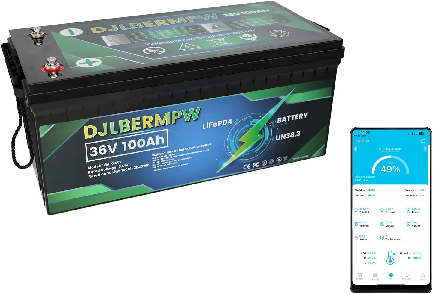 ?DJLBERMPW 36V 100Ah LiFePO4 Battery Bluetooth,4000-15000 Deep Cycle Golf Cart Battery,36V 100Ah Lithium Batteries for RV,Solar,Marine,Trolling Motor