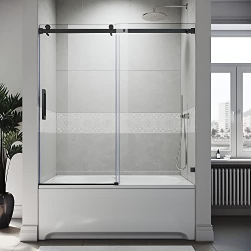 SUNNY SHOWER Frameless Sliding Tub Door 58.5-60" W X 62" H Bathtub Door with 5/16" Clear Glass Sliding Shower Enclosure with Tempered Glass Door