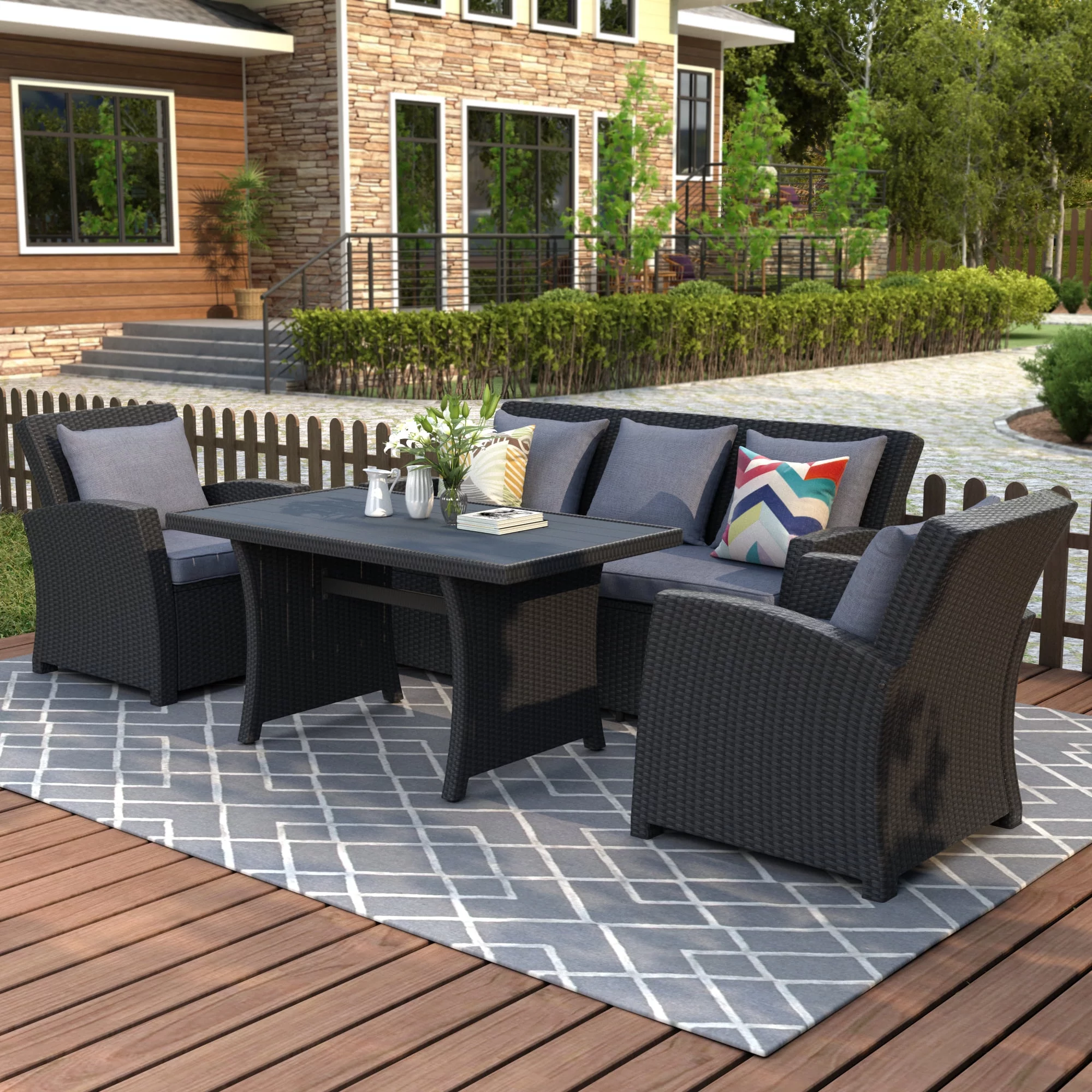 Outdoor 4-Piece Conversation Sofa Set, Patio Wicker Rattan Sectional Furniture Dining Sets with Wood Table Armchairs and Dark Gray Cushions