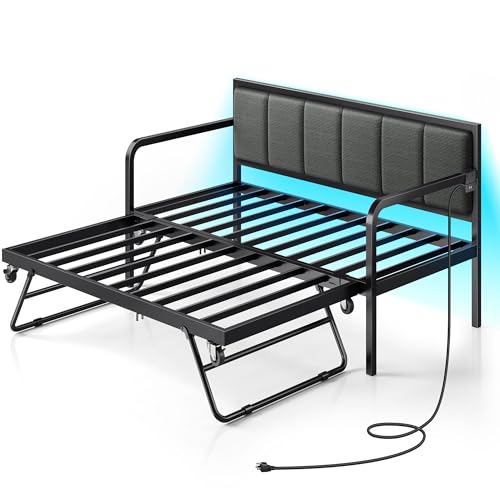 Rolanstar Daybed with Charging Station and LED Lights, Height Adjustable Twin Daybed with Trundle