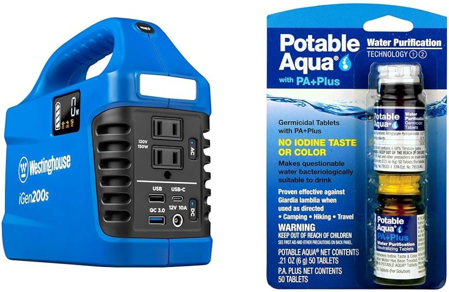 Westinghouse 194Wh 300 Peak Watt Portable Power Station and Solar Generator & Potable Aqua Water Purification Tablets with PA Plus