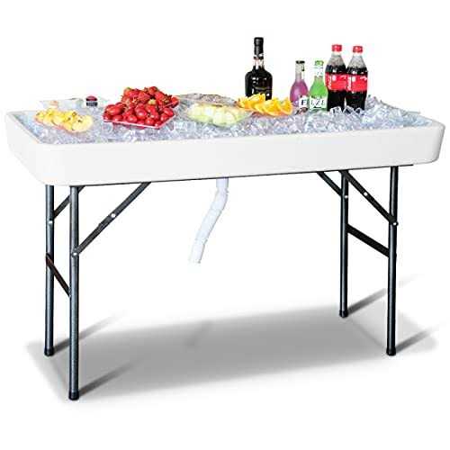 KOTEK Folding Ice Cooler Table with Matching Skirt &amp; Drain Hose Foldable Beverage Cooler Table Buffet Cooler Server - Sports Supplies Online Store