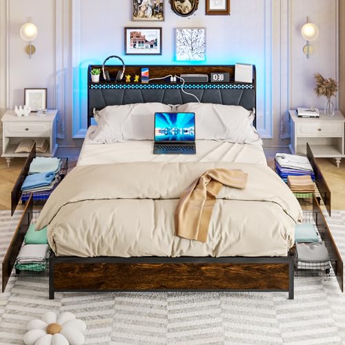 King Size Platform Bed Frame with Upholstered Shelf Headboard and 4 Under-bed Storage Drawers, Outlet with Charging Port & LED Light Design