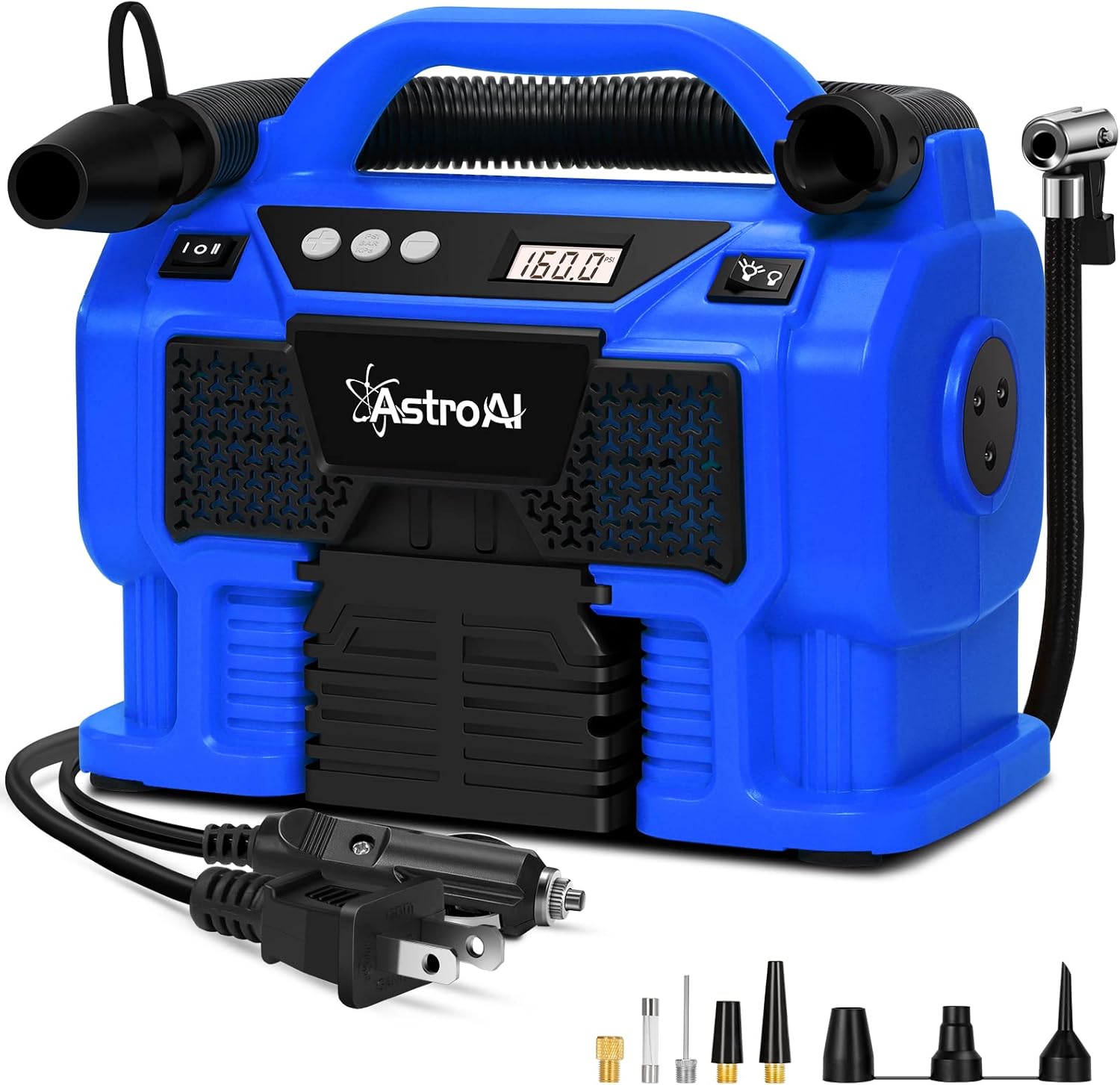 AstroAI Tire Inflator Air Compressor Portable Cordless Car Tire Pump 160 PSI 3 Power Supply 12V DC / 110V AC / 20V Battery with Dual Metal Motors &