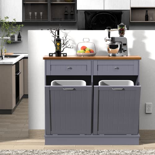 Double Tilt Out Trash Cabinet 20 Gallon,Antique-style Beadboard Trash Can Cabinet Kitchen with Solid Wood Tabletop & Drawer, Pet Proof Trash Can