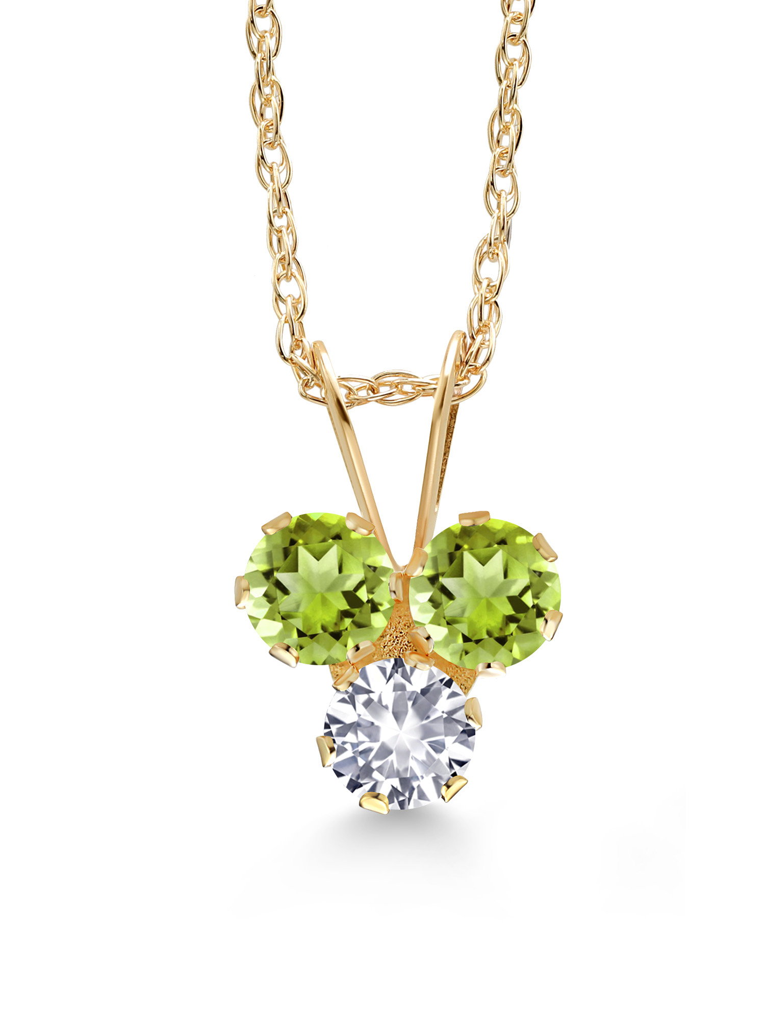 Gem Stone King 14K Yellow Gold Green Peridot and White Created Sapphire 3-Stone Pendant Necklace For Women (0.37 Cttw, Gemstone August Birthstone