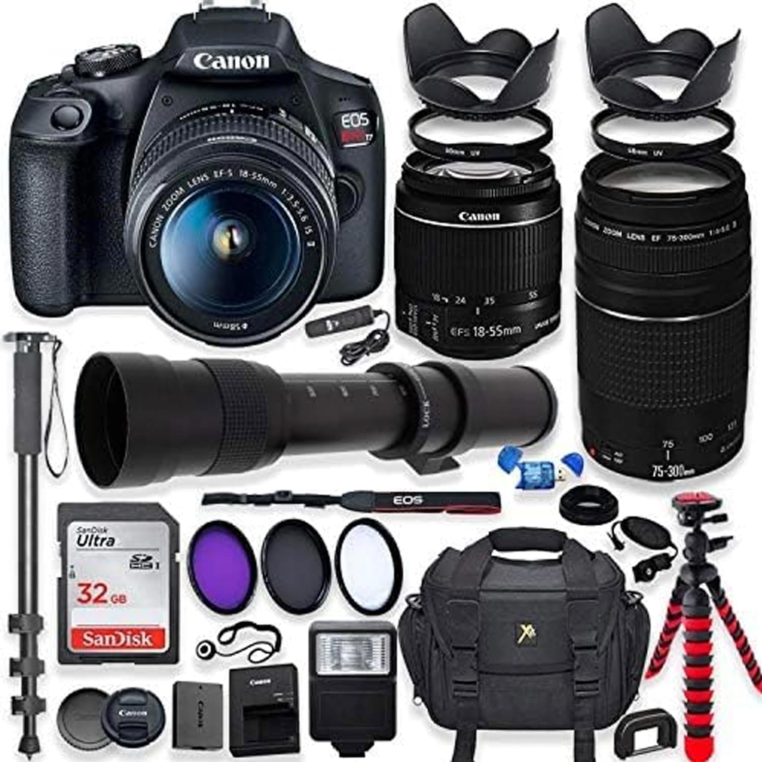 Canon EOS Rebel T7 DSLR Camera with 18-55mm is II Lens + Canon EF 75-300mm III Lens & 420-800mm Preset Telephoto Zoom Lens + 32GB Memory + Filters +