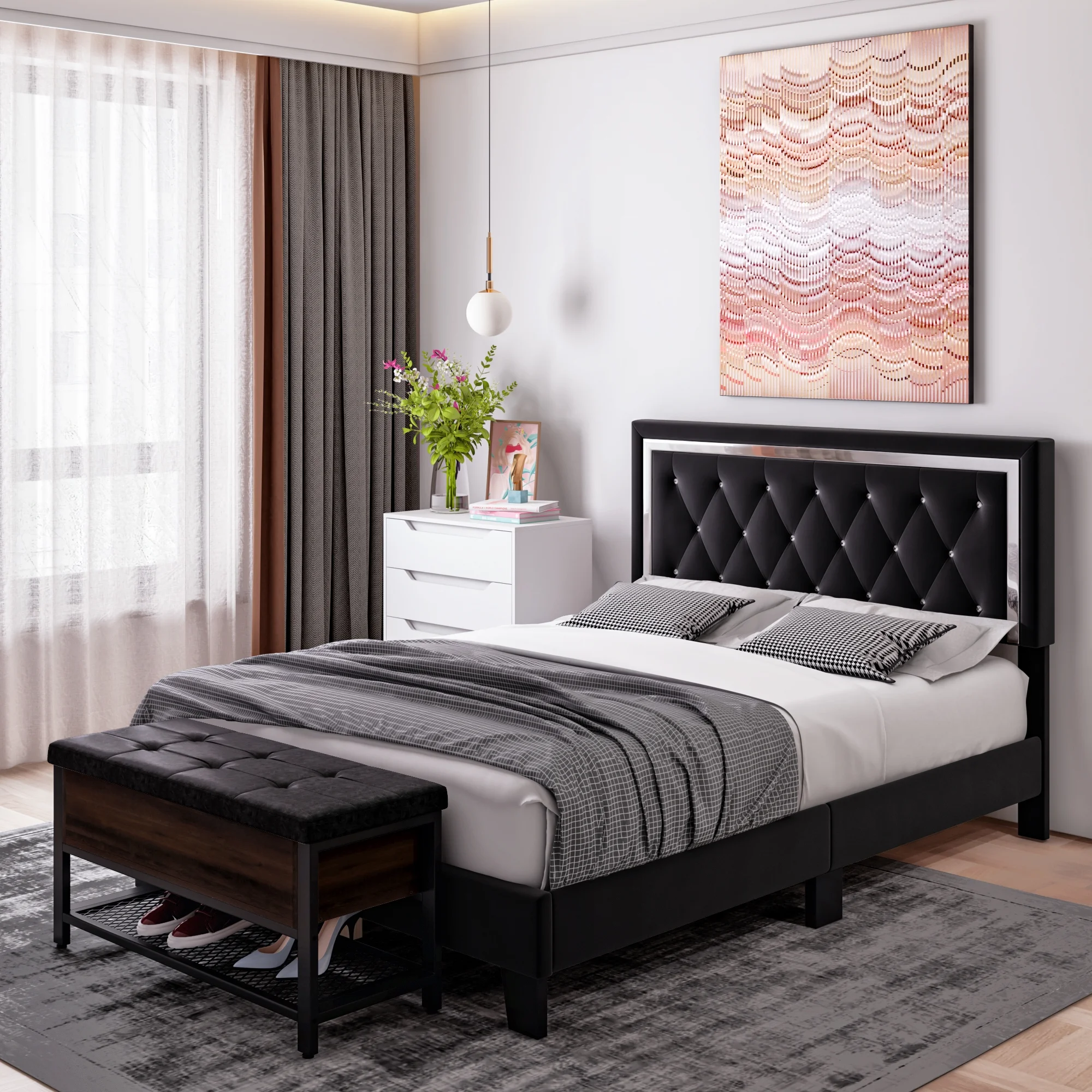 Homfa Queen Size Bed Frame with Adjustable Headboard, Diamond Tufted Upholstered Platform Bed, Black