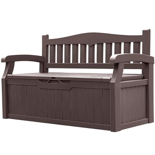 Greesum 80 Gallon Outdoor Storage Bench, Resin Patio Furniture with Armrest,Waterproof and UV-Resistant, Perfect to Garden, Poolside and Lawn