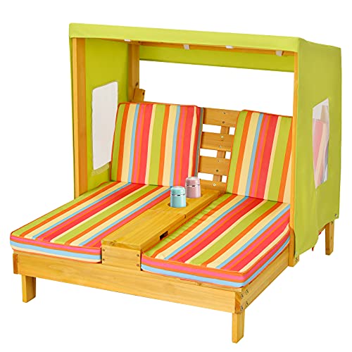 KOTEK Kids Lounge Chair Outdoor, Wood Double Chaise Lounge with Cup Holders, Removable Canopy & Stripped Fabric Cushions