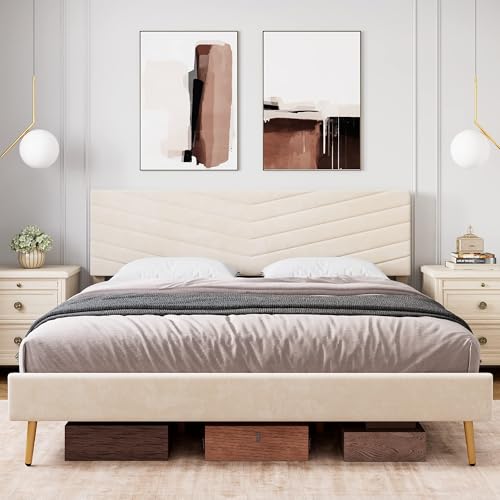 GAOMON King Size Bed Frame, Velvet Upholstered Platform Bed with Adjustable Headboard, Solid Wood Slats Support, No Box Spring Needed, Noise Free
