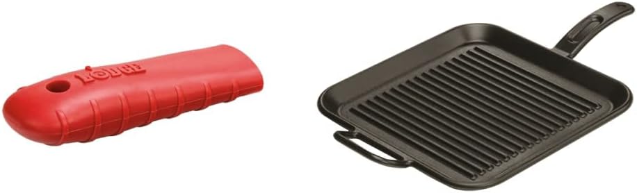 Lodge 12 Inch Square Cast Iron Grill Pan with Red Silicone Handle Holder