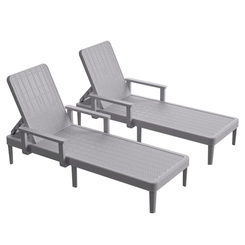 Chaise Lounge Chair Outdoor - Set of 2 with 5 Position Adjustable Backrest, Armrest, Waterproof, 330lbs Weight Capacity for Pool, Resin, Light Brown