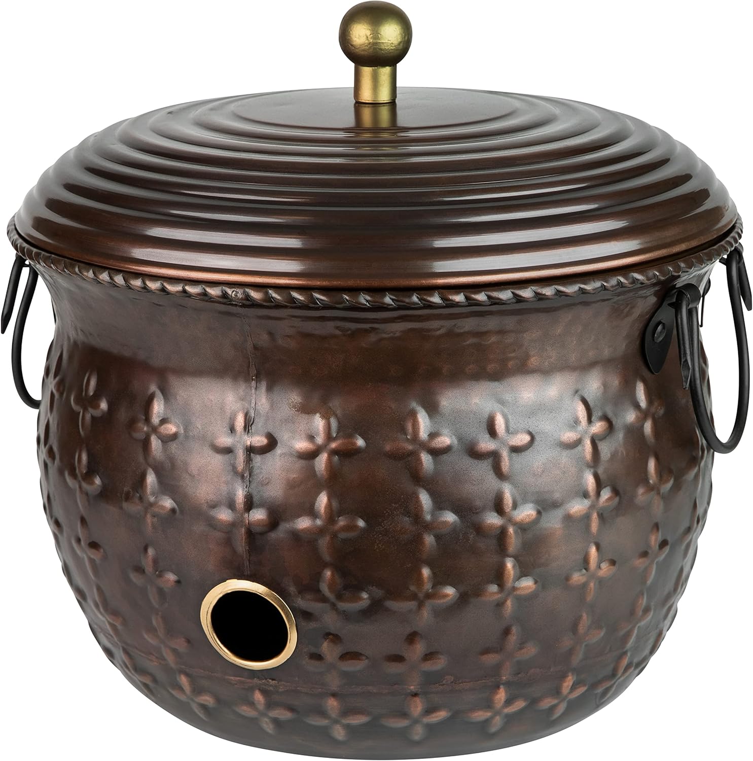 LifeSmart Decorative Garden Hose Storage Holder Pot Copper with Lid Antique Green Finish Lattice Steel | Expandable Water Hose Container 17 x 11.5