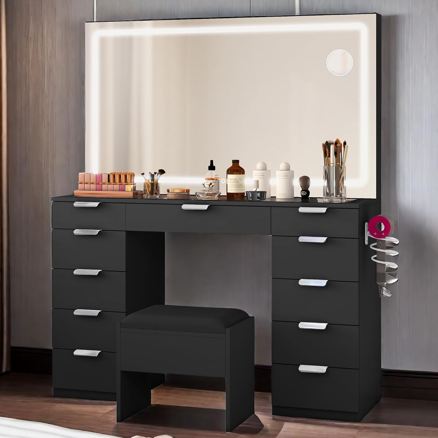 YITAHOME Vanity Desk with Large LED Mirror, Charging Station, 11 Drawers, Makeup Vanity with Tempered Glass Top, Storage Bench