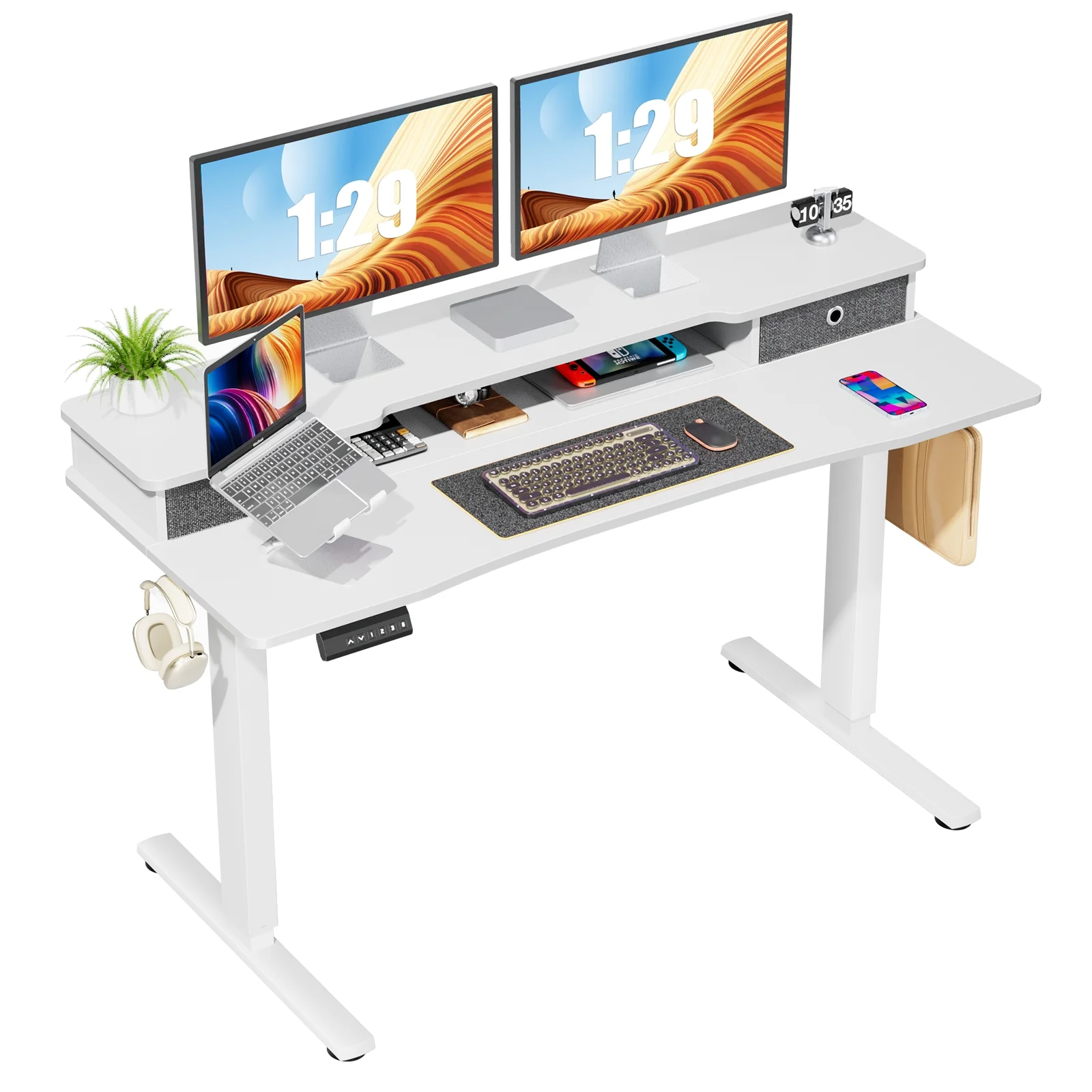 Sumdeal 55 x 24 Inch Height Adjustable Electric Standing Desk with Double Drawer, Stand Up Desk with Storage Shelf, Sit Stand Desk,White,55X24Inch