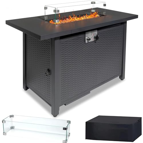 43 Inch Propane Fire Pit Table with Lid and Metal Tabletop for Outdoor, 50,000 BTU Gas Fire Pit Table with 6.6 Pounds Lava Stones