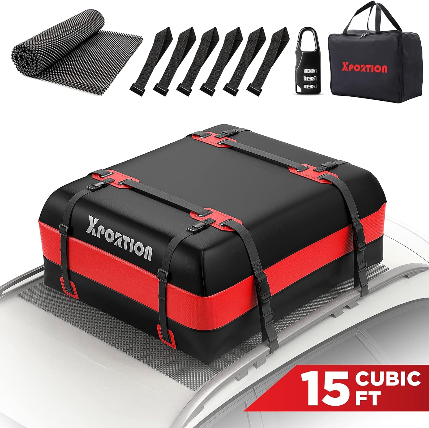 XPORTION Rooftop Cargo Carrier Bag,Waterproof Rooftop Cargo Bag,15 Cubic Feet Roof Bag,Vehicle Cargo Carriers ,Contains Non-Slip Mats