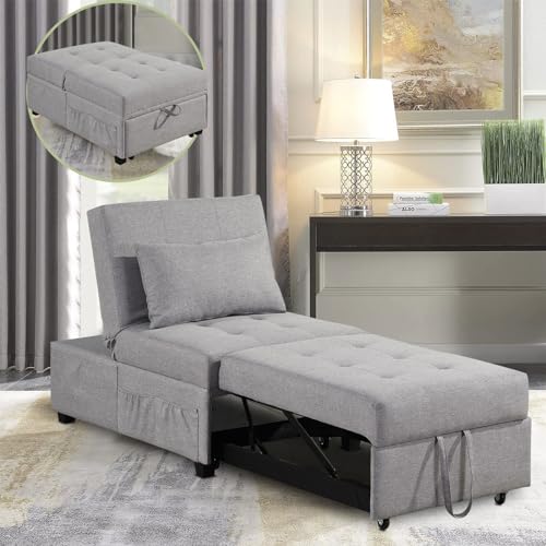 Sofa Bed Chair, 4 in 1 Convertible Sleeper Chair Bed Ottoman, Linen Fabric Pull Out Sofa Bed with Adjustable Backrest & Pillow