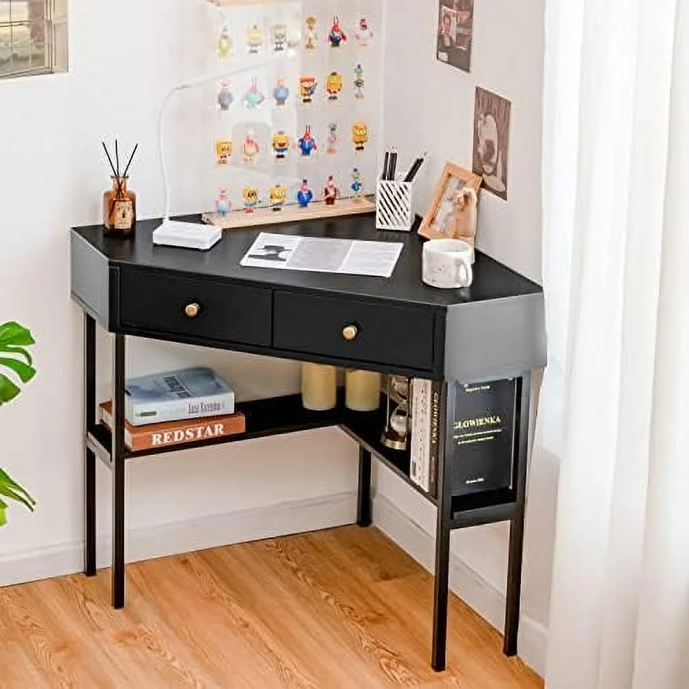 CHNJHUM Corner Desk with Drawers  90 Degrees Triangle Desk w/ Shelves and Metal Frame  Corner Writing Desk  Corner  Vanity Table  Small Corner Desks
