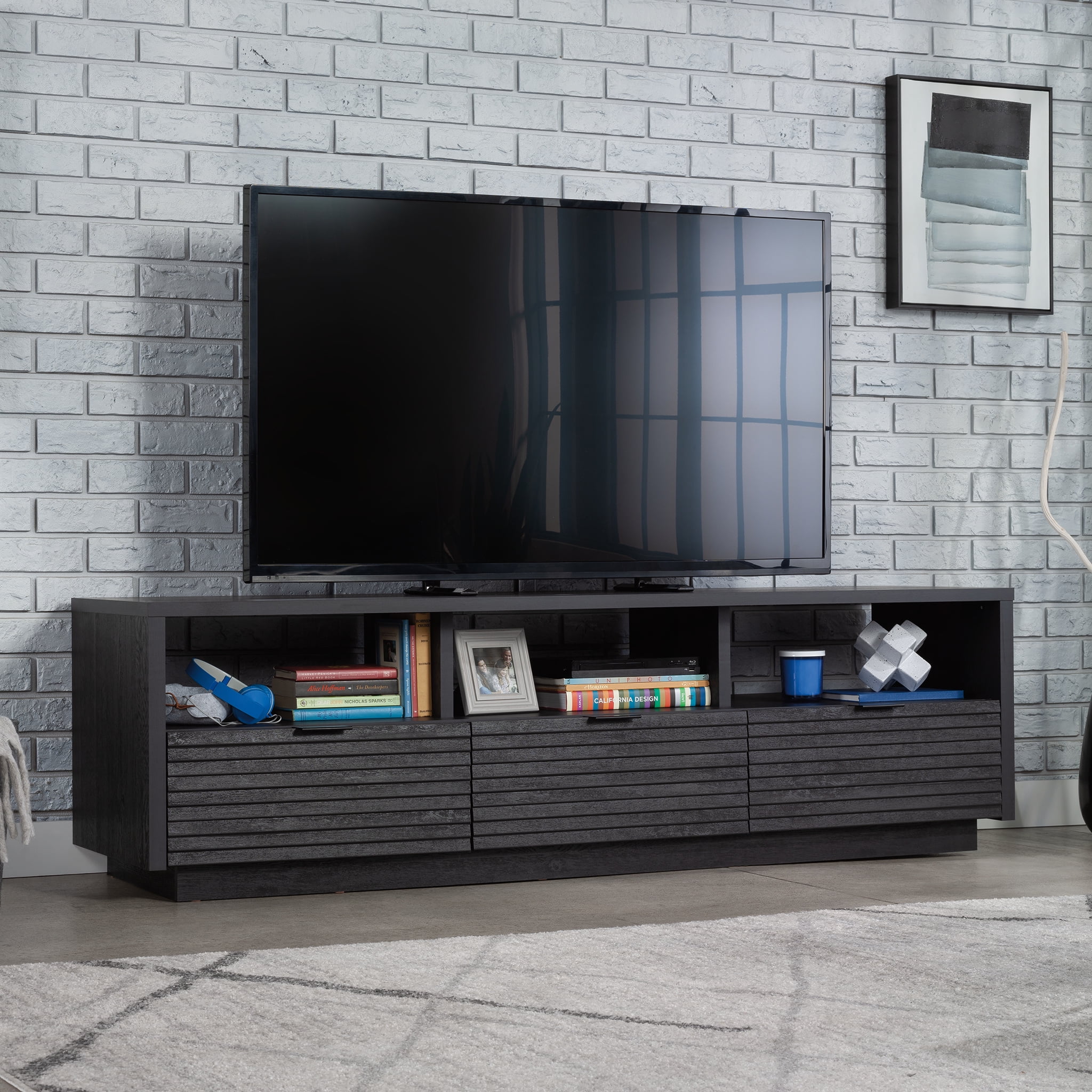 Sauder Harvey Park TV Stand with Drawers for TVs up to 70", Raven Oak Finish
