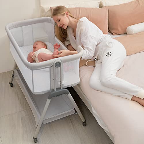 ANGELBLISS Baby Bassinet Bedside Sleeper, Easy Folding Portable Bassinet for Baby Girl with Wheels, Adjustable Height, Included Mattress (Pink)