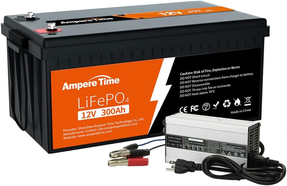 Ampere Time 12V 300Ah LiFePO4 Battery with 14.6V 20A Dedicated Lithium Battery Charger, Max 2560W Power Output, Built-in 200A BMS, 4000+ Cycles