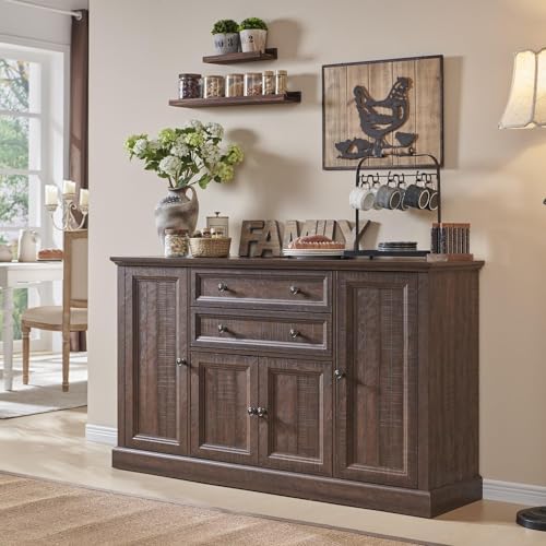 Farmhouse 58" Buffet Cabinet with Storage, 34" Tall Coffee Bar Cabinet w/2 Large Drawers & 4 Grooved Barn Doors
