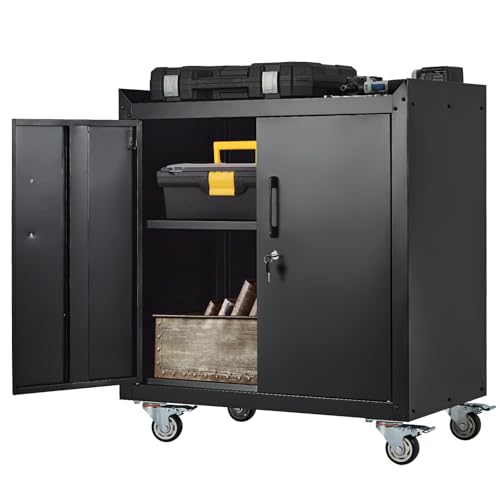 2 Door Tool Cabinets for Garage, Lockable Metal Storage Cabinet with Adjustable Shelves, Rolling Tool Chest, Garage Storage Cabinet with Wheels