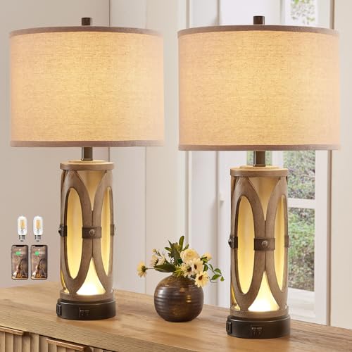Table lamps for Living Room Set of 2, Rustic Farmhouse Nightstand Lamp with Dual USB Ports