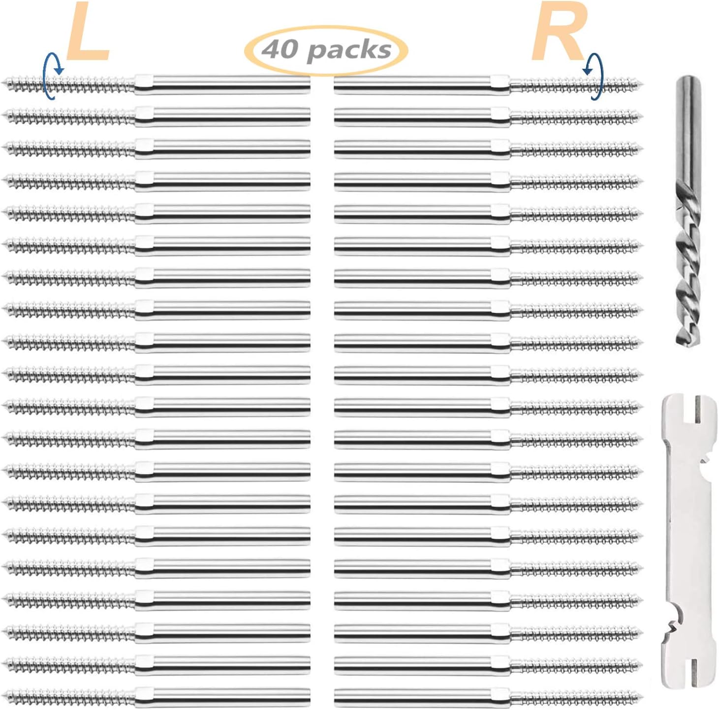 Wayska 40 Pack T316 Marine Grade Stainless Steel Cable Railing Hardware kit, Right & Left Handed Thread Lag Screws for 3/16 Inch Cable Railing Kit