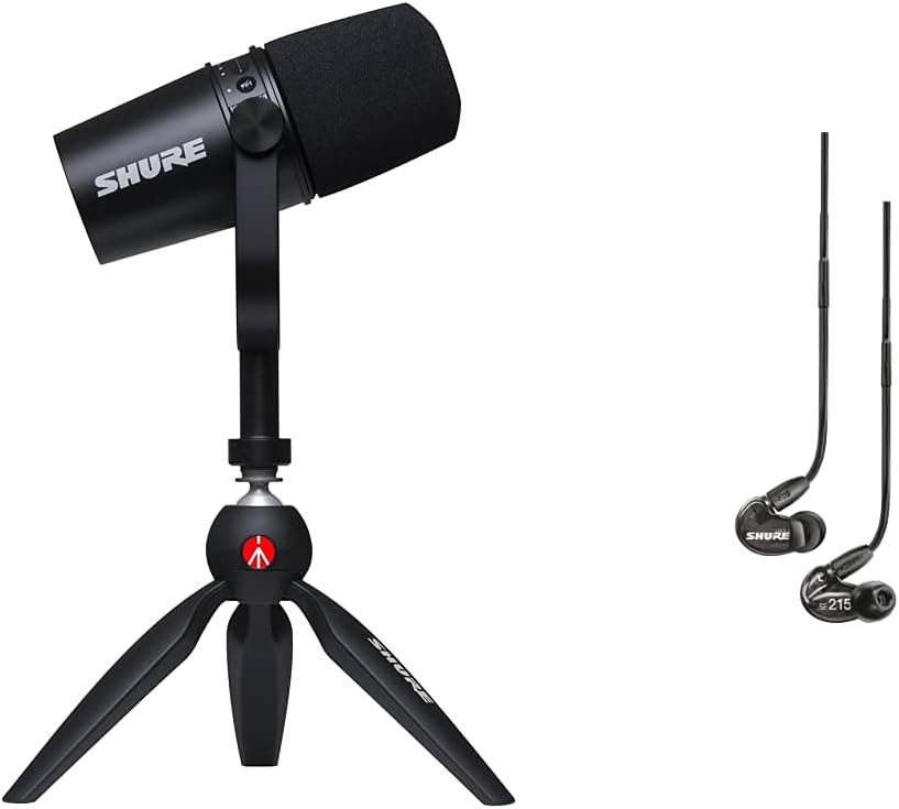 Shure MV7 USB/XLR Dynamic Microphone + SE215 Professional in-Ear Headphones for Podcasting, Recording, Streaming & Gaming, Built-in Headphone Output