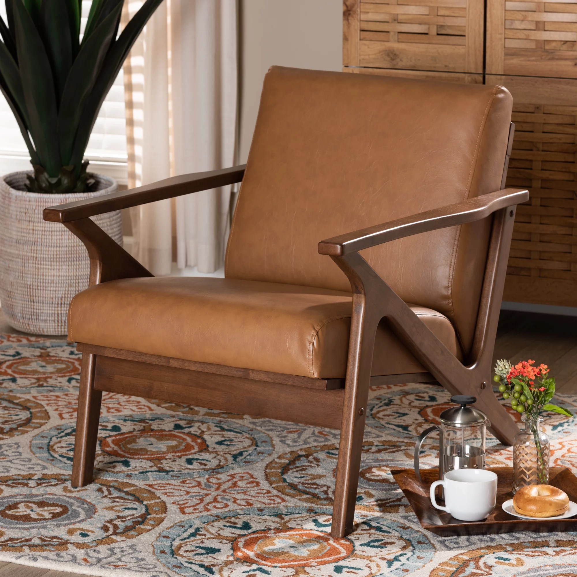 Baxton Studio Bianca Mid-Century Modern Walnut Brown Finished Wood and Tan Faux Leather Effect Lounge Chair