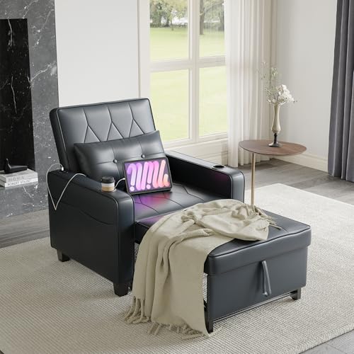 3-in-1 Convertible Sofa Chair Bed, Pull Out Leather Recliner Sleeper Sofa Chair Bed Couch with Cup Holders, USB & Type C Port,Side Pockets