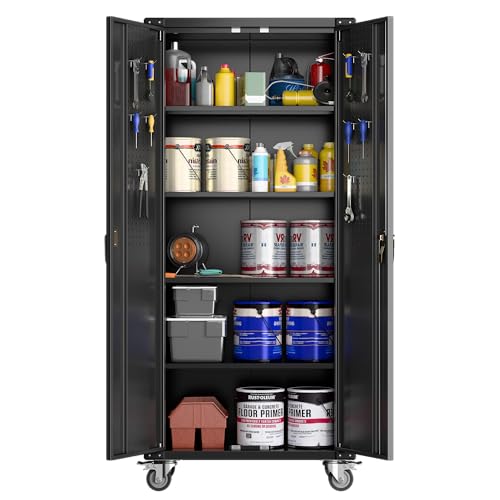 GarveeHome Garage Storage Cabinet with Wheels, 72" H Locking Metal Storage Cabinet with 2 Doors