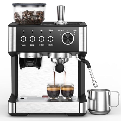 Espresso Machine with Grinder, 20 Bar Expresso Coffee Machines with Milk Frother Steam Wand, Professional Espresso Maker with Removable Water Tank
