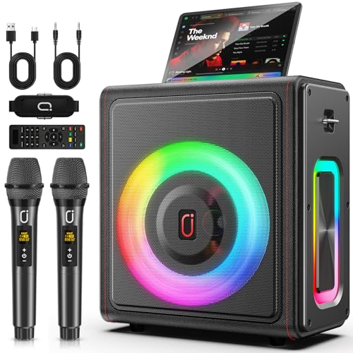 Karaoke Machine, Portable Bluetooth 5.3 Speaker with 2 Wireless Microphones for Adults, PA System with Pitch Correction & Echo Adjustment