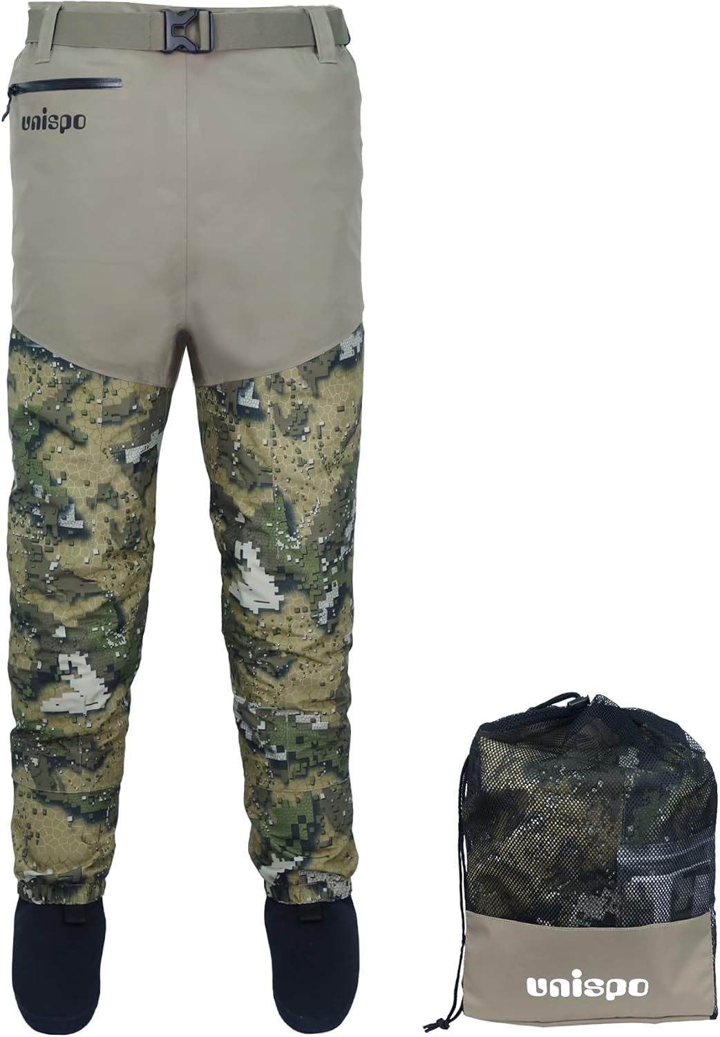 UNISPO Waist Wader Pants, Waterproof Fishing Waders Breathable Camo Hunting Pant Neoprene Stocking Foot Insulated Wading Pant