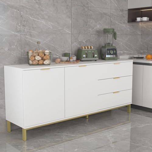 MOUMON Sideboard Storage Cabinet with Drawers and Doors, Credenza Sideboard Buffet, Gold Metal Frame Legs