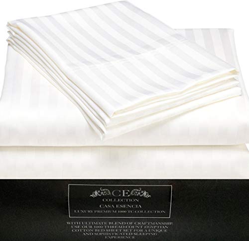 CASA ESENCIA 100% Egyptian Cotton Sheets King Size – 1000 Thread Count White Striped King Bed Sheet – 4 Piece Bedding Set