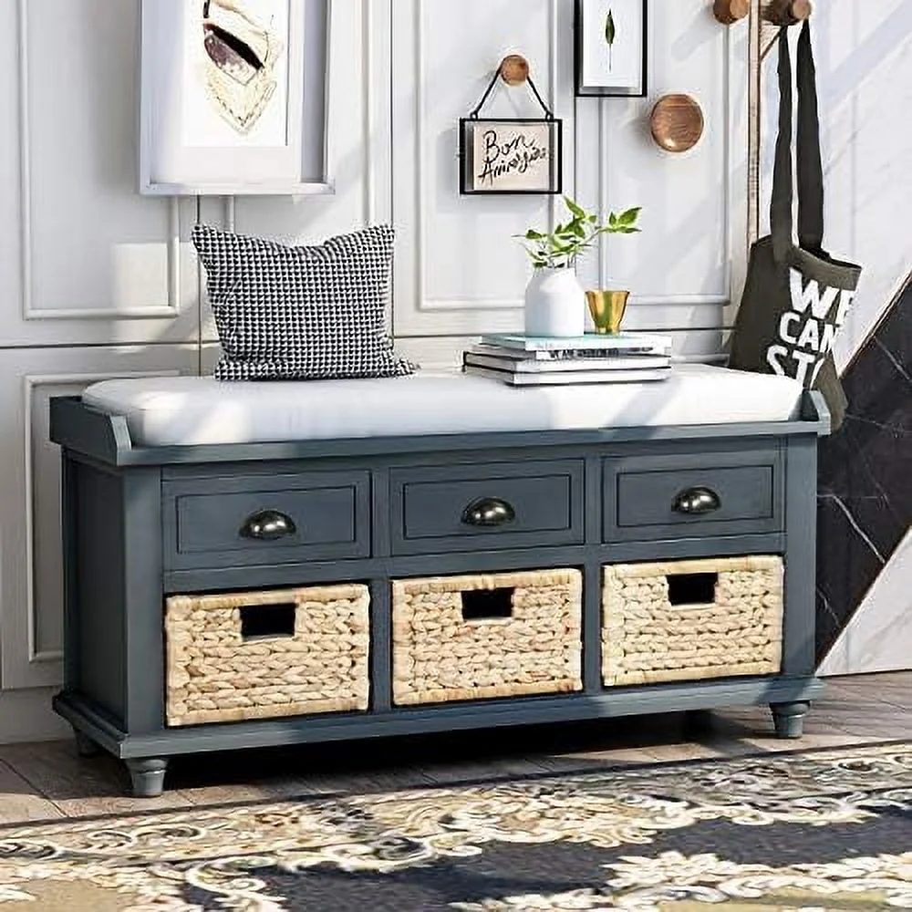 HOOMHIBIU Bench with 3 Basket Drawers  Rustic Entryway Bench/Shoe Bench with Cushioned Seat for Entryway  Hallway  Mudroom  Living Room (White Washed)