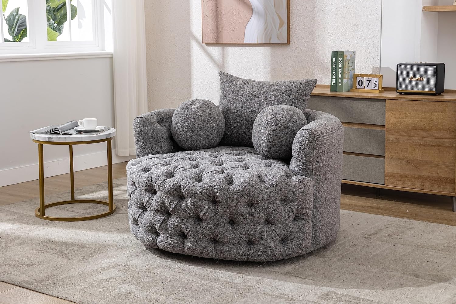42.9" Oversized Swivel Accent Barrel Chair Chenille Tufted Upholstered Sofachair W/3 Pillows